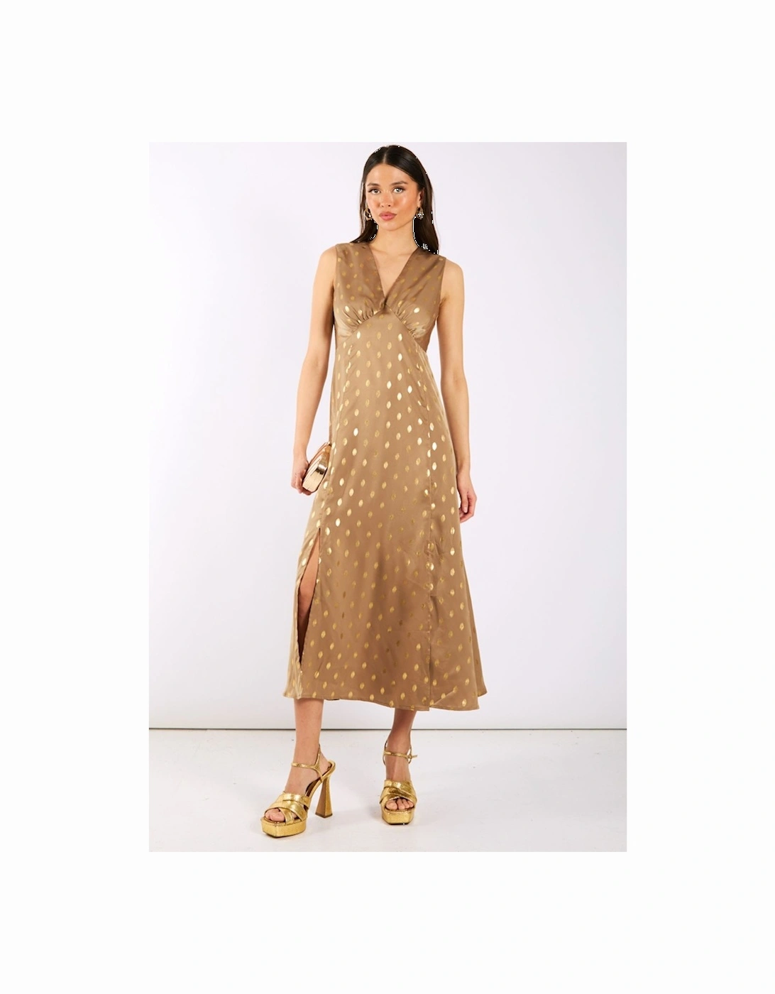 Light Brown Foil Satin Midi Dress, 2 of 1
