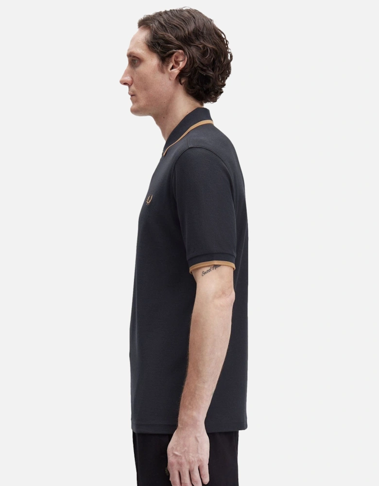 Crepe Pique Zip Neck Polo Shirt Black