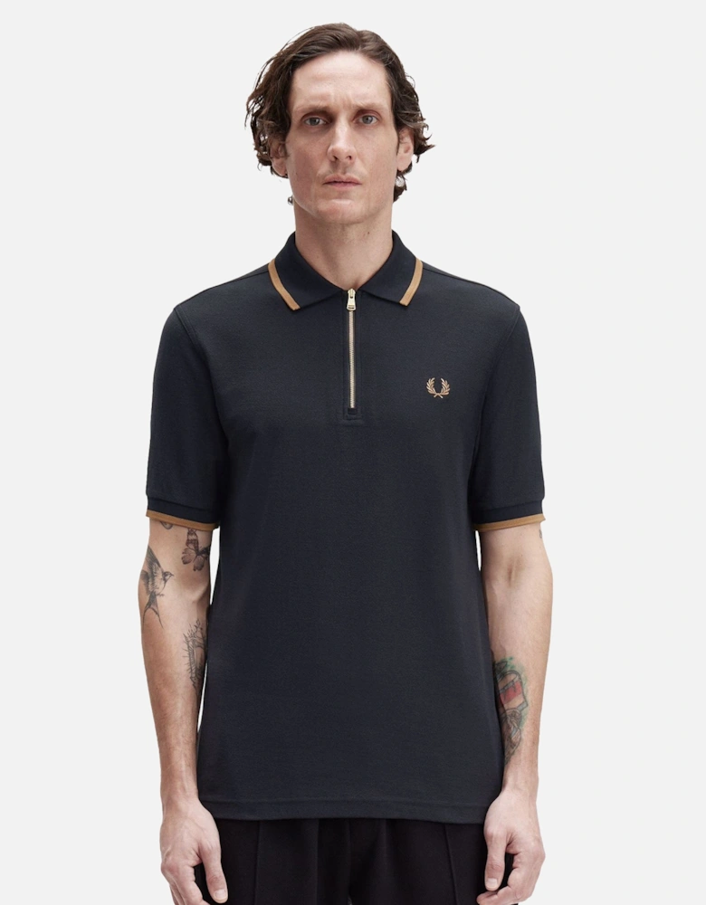 Crepe Pique Zip Neck Polo Shirt Black