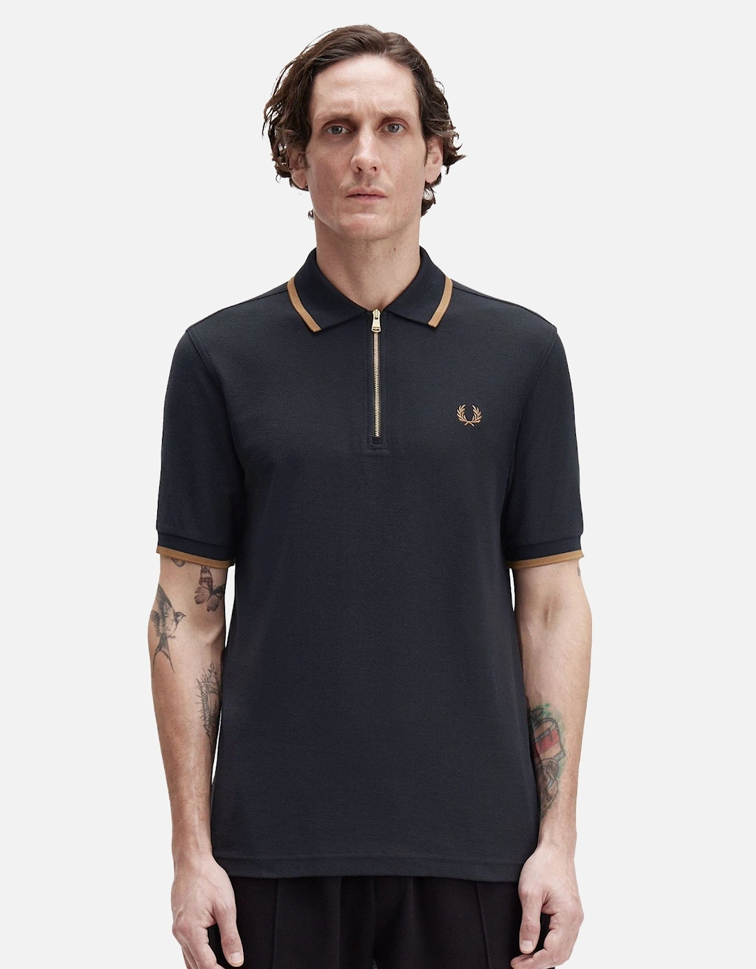 Crepe Pique Zip Neck Polo Shirt Black