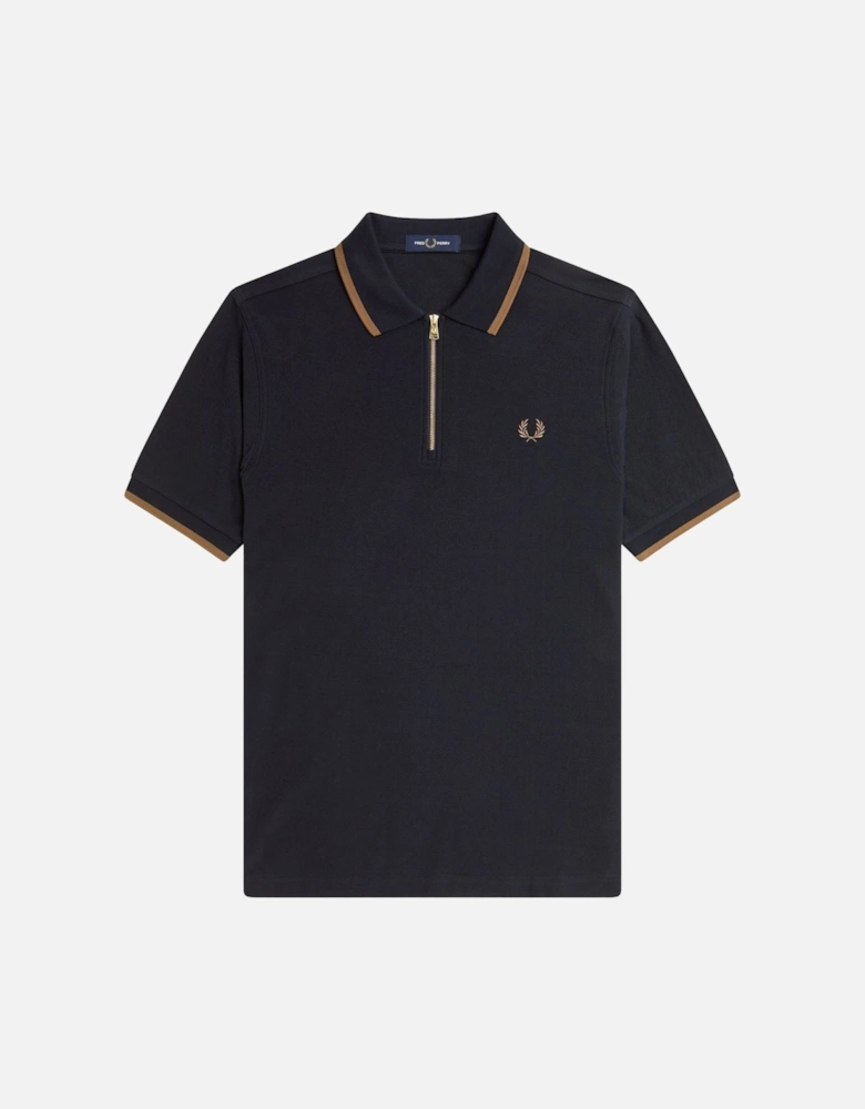 Crepe Pique Zip Neck Polo Shirt Black