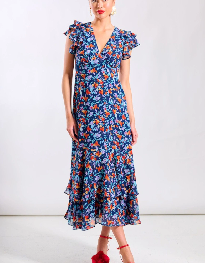 Blue Floral Ruffle Midi Dress