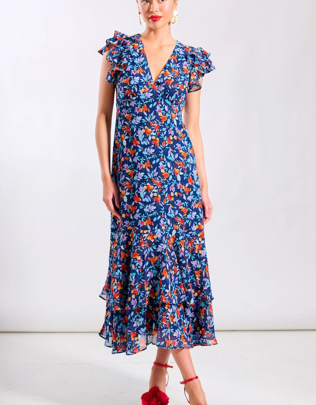 Blue Floral Ruffle Midi Dress, 2 of 1
