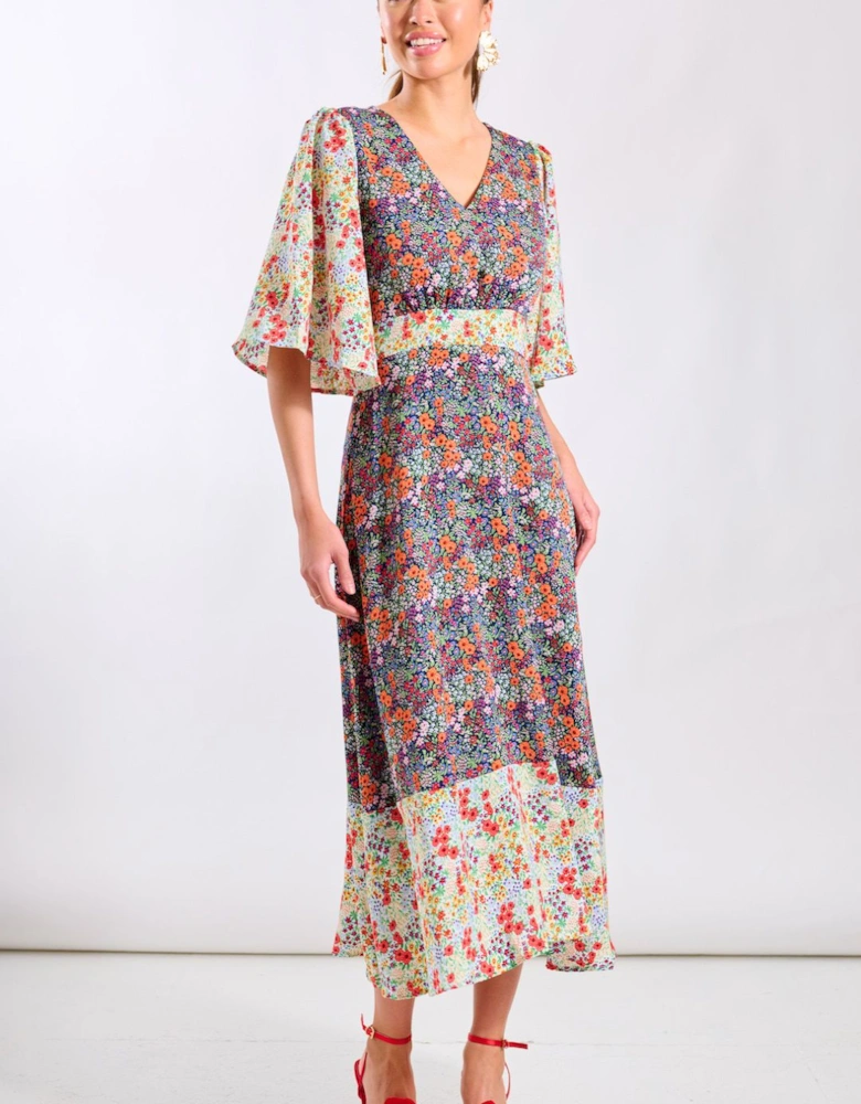 Contrast Floral Angel Sleeve Midi Dress