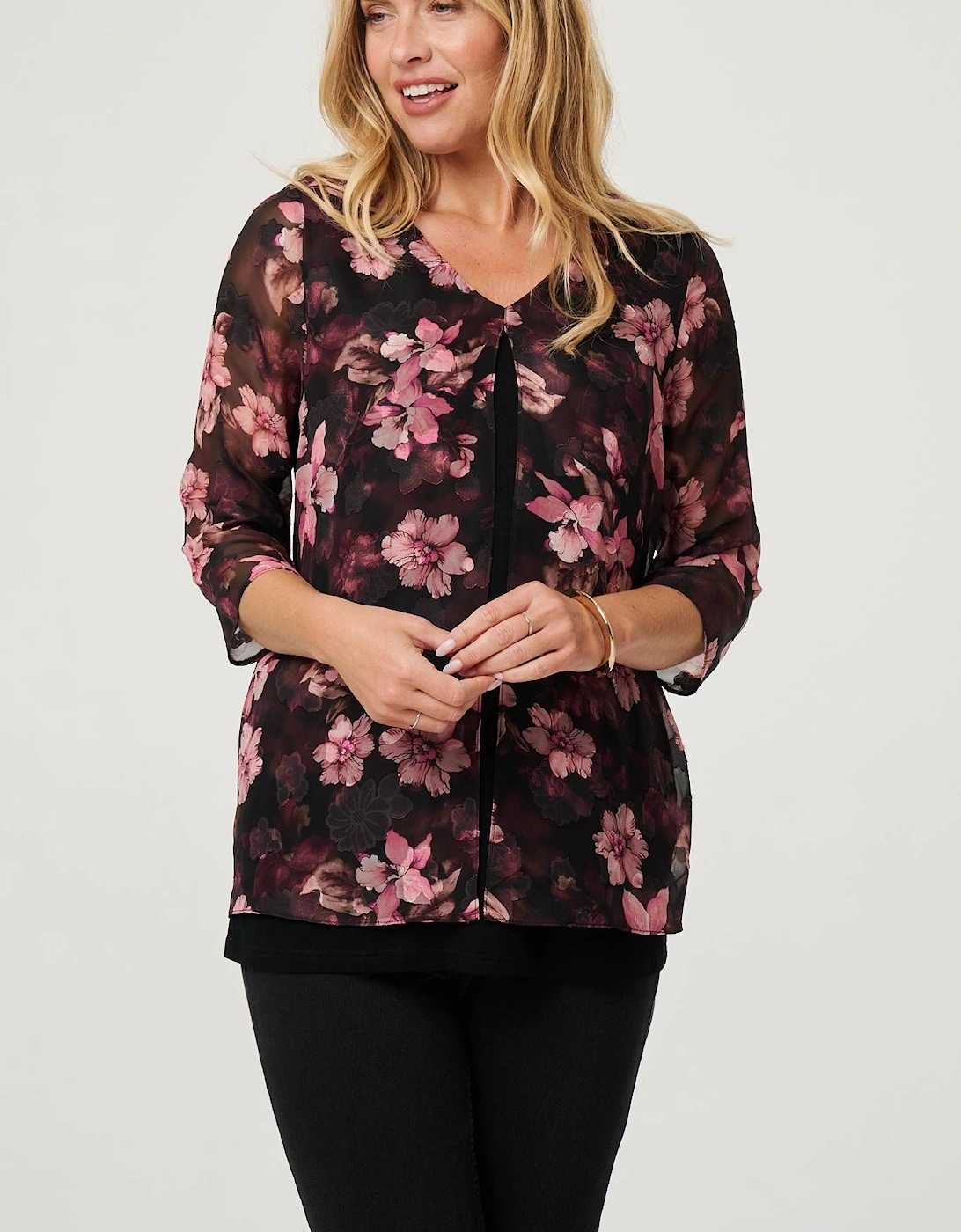 Floral 3/4 Sleeve Sheer Layered Blouse, 2 of 1