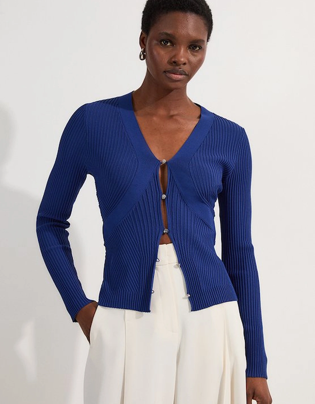 Viscose Blend Curve Rib Detail Knit Cardi