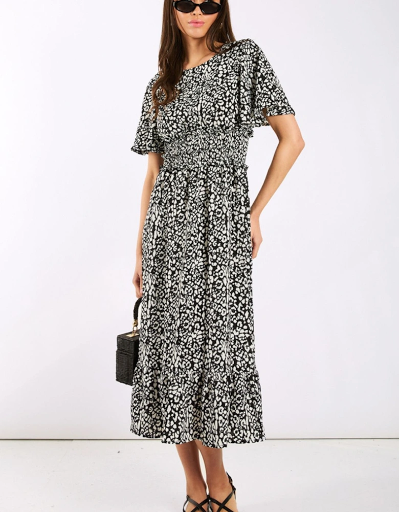 Black Animal Smock Waisted Midi Dress