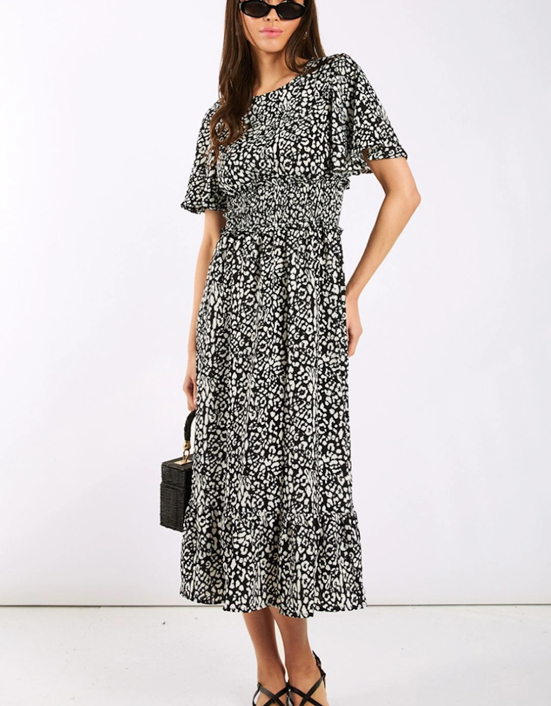 Black Animal Smock Waisted Midi Dress, 2 of 1