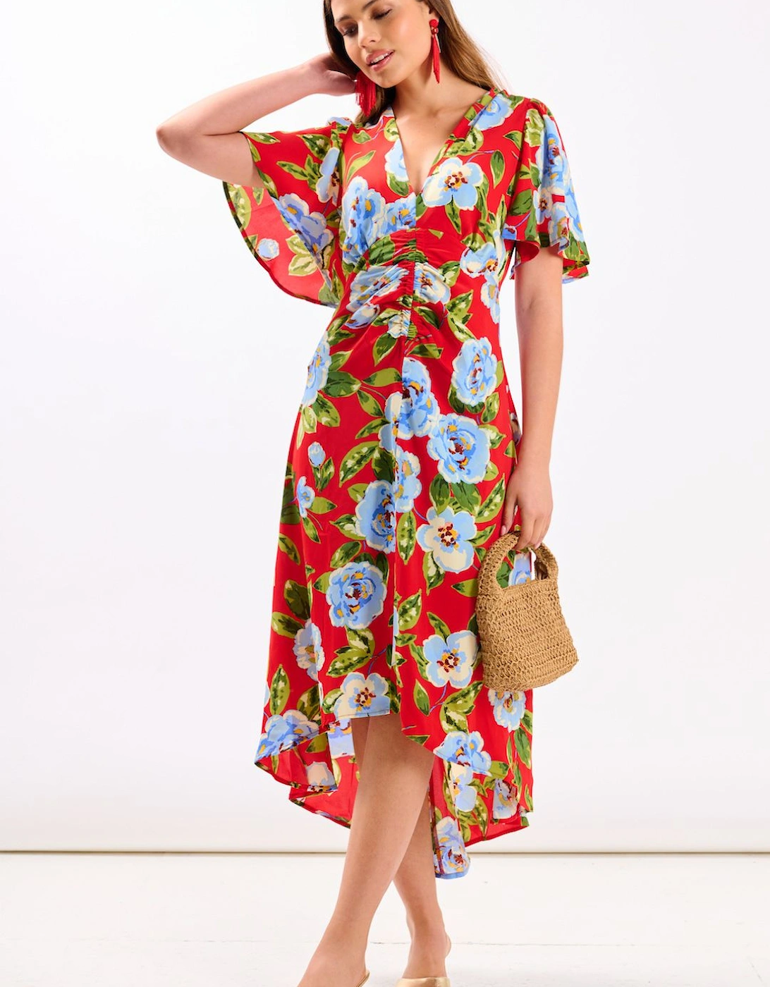 Red Oversize Floral Ruche Midi Dress, 2 of 1