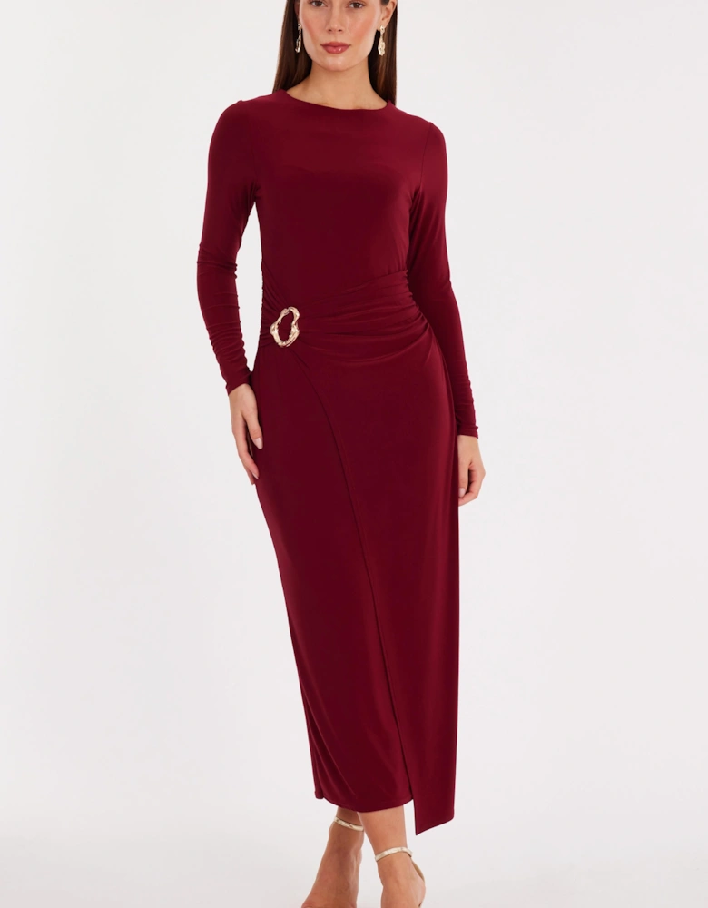 Wine Wrap Buckle Midaxi Dress