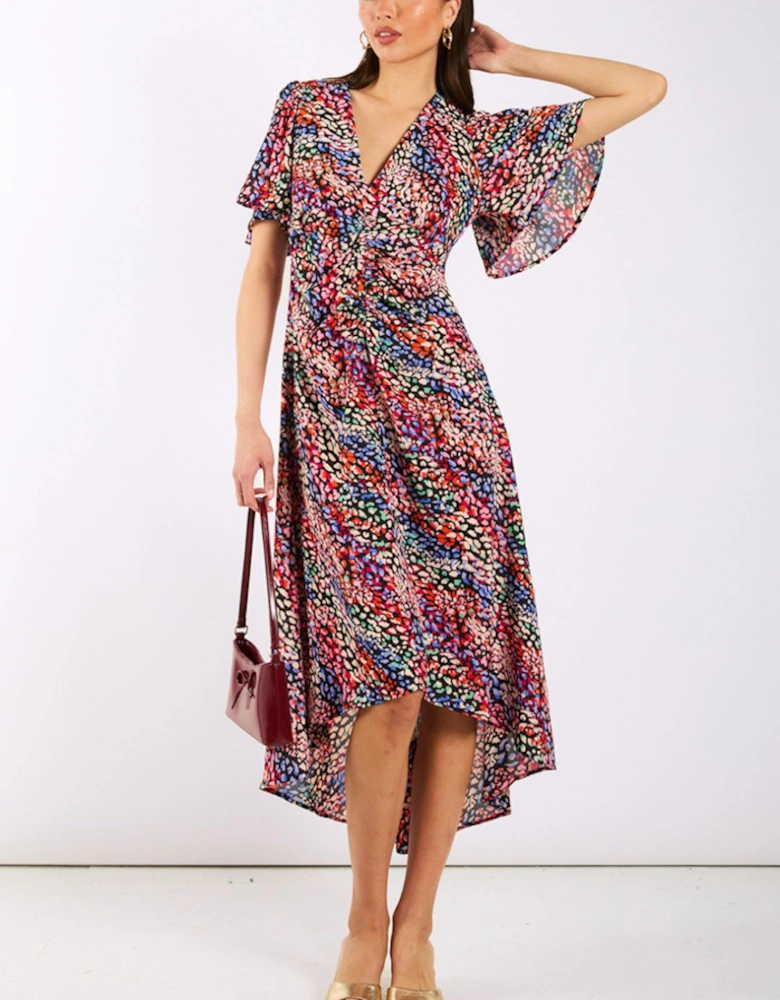 Multicoloured Animal Ruche Midi Dress