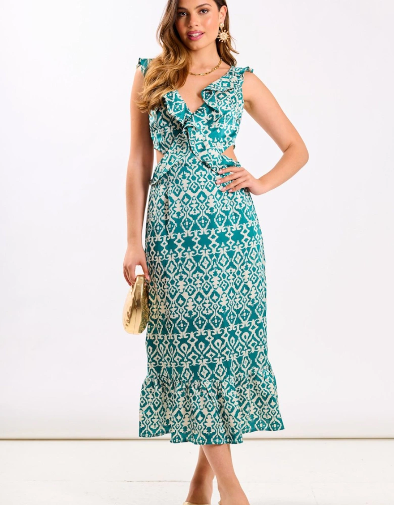 Green Ikat Ruffle Cutout Midi Dress