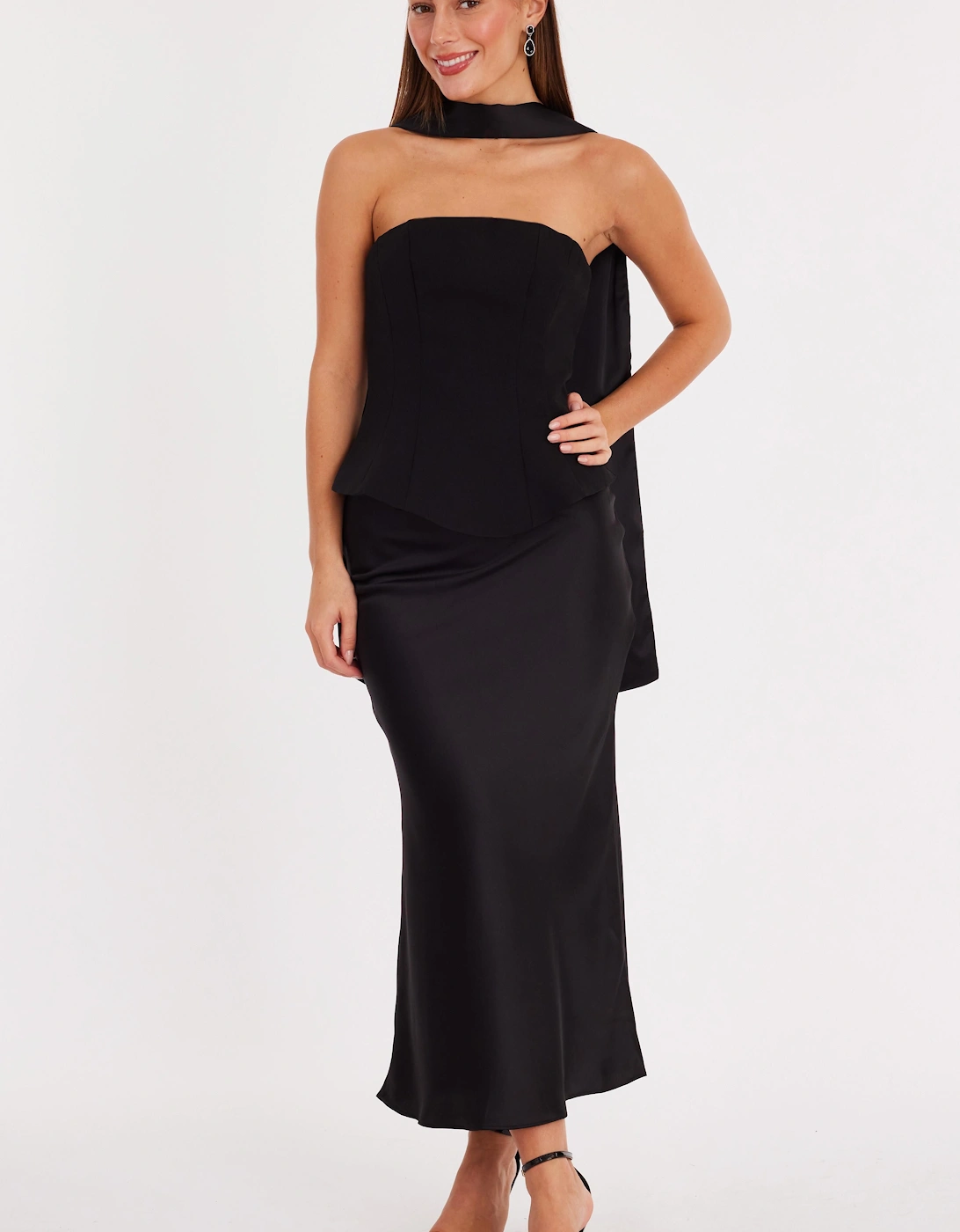 Black Strapless Satin Skirt Midaxi Dress, 2 of 1
