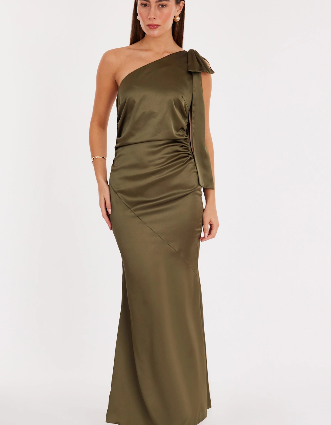 Green Satin Bow Shoulder Midaxi Dress, 2 of 1