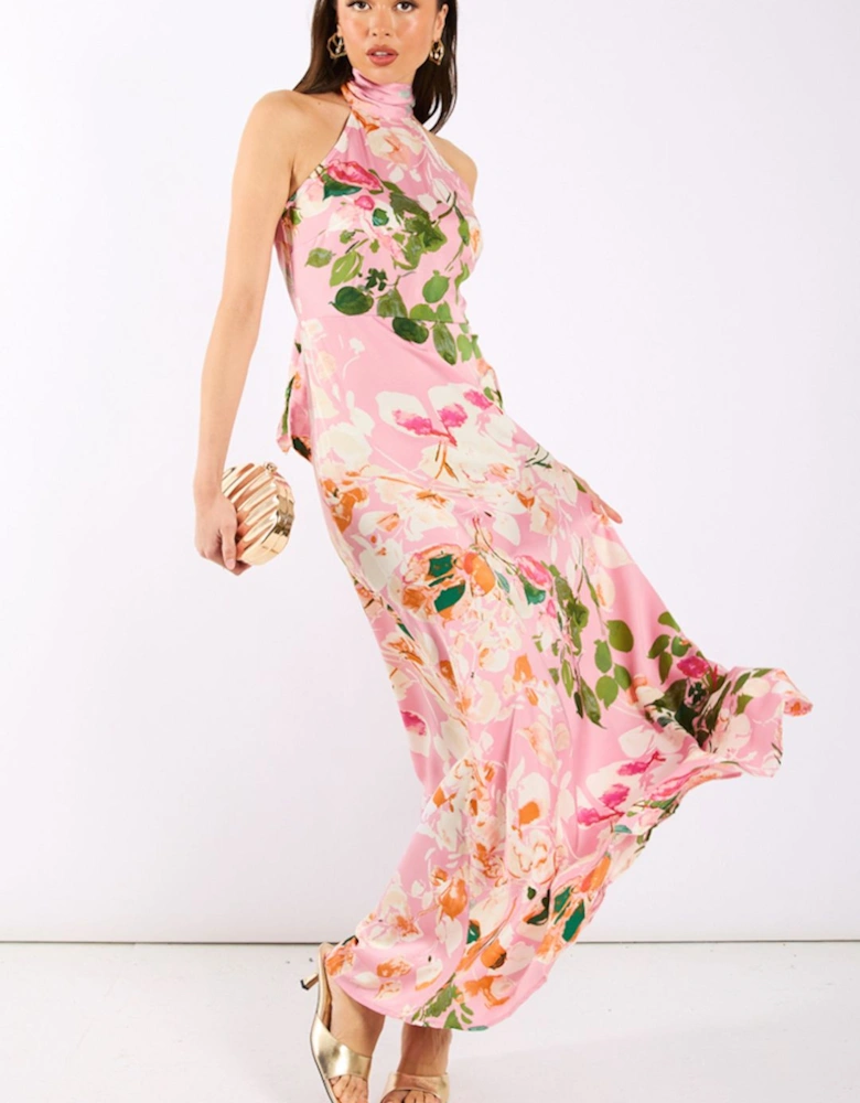 Pink Watercolour Floral Halter Neck Maxi Dress