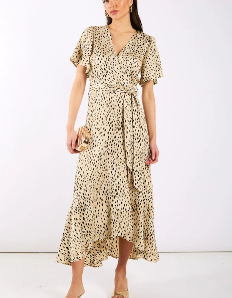 Cream Animal Printed Satin Wrap Midi Dress