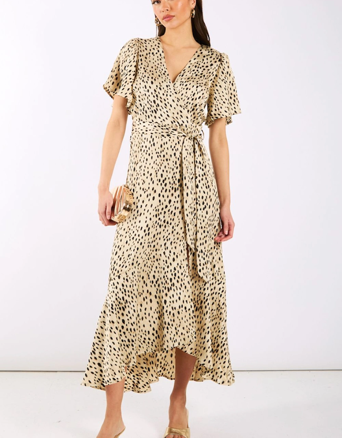 Cream Animal Printed Satin Wrap Midi Dress, 2 of 1