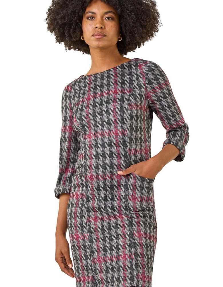 Houndstooth Pocket Shift Stretch Dress