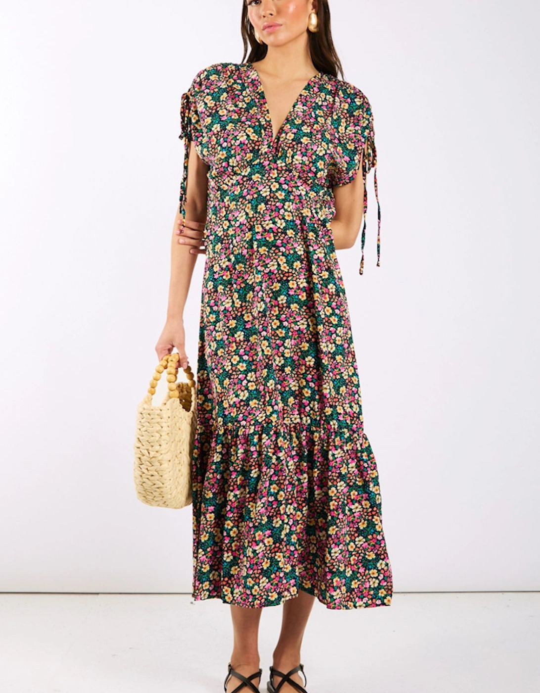 Multicoloured Floral Gathered Sleeve Midi Dress, 2 of 1
