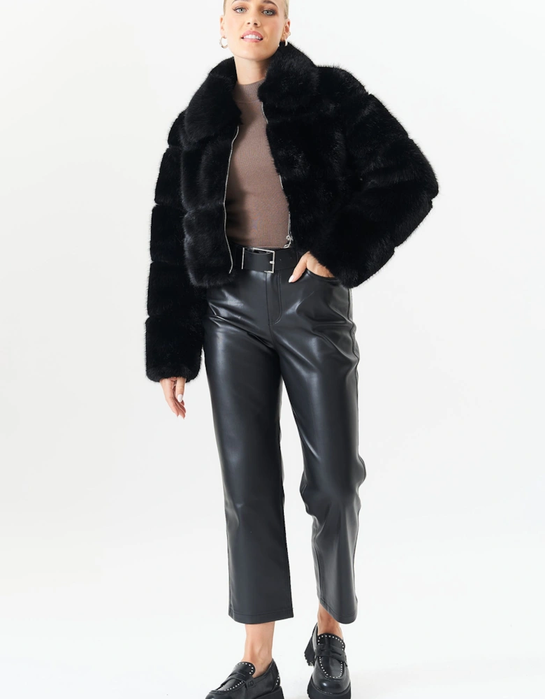 Black Panel Faux Fur Cropped Jacket