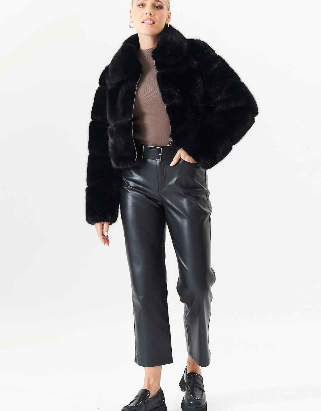 Black Panel Faux Fur Cropped Jacket, 2 of 1