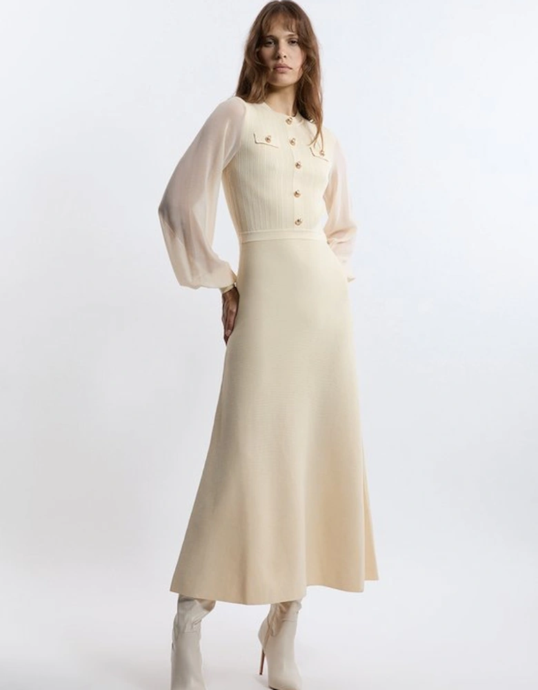 Petite Viscose Blend Maxi Knit Dress With Chiffon Sleeve Military Trim