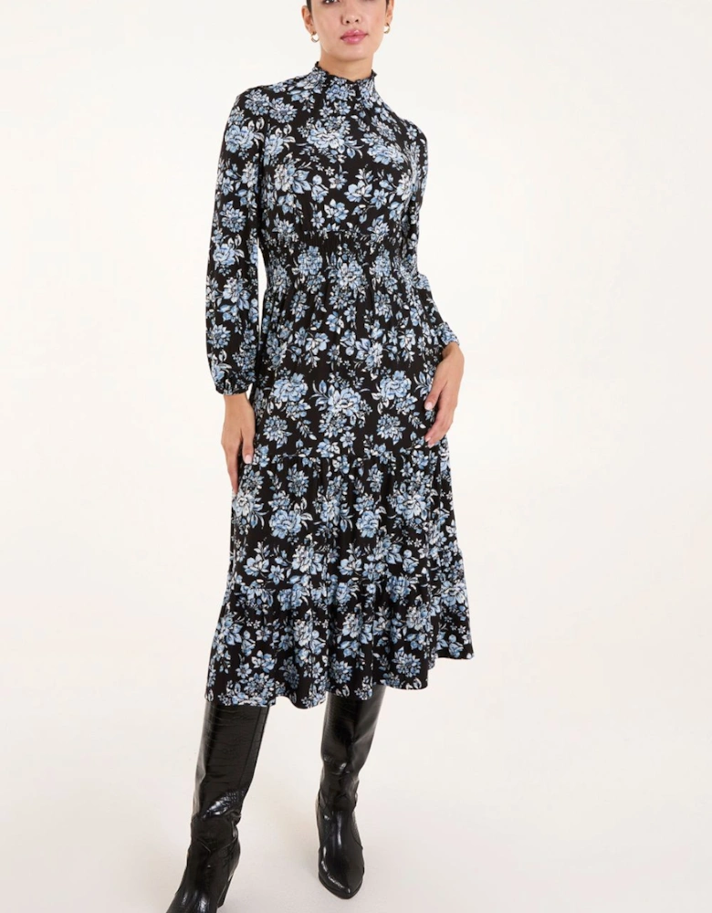 High Neck Shirred Floral Midi Dress