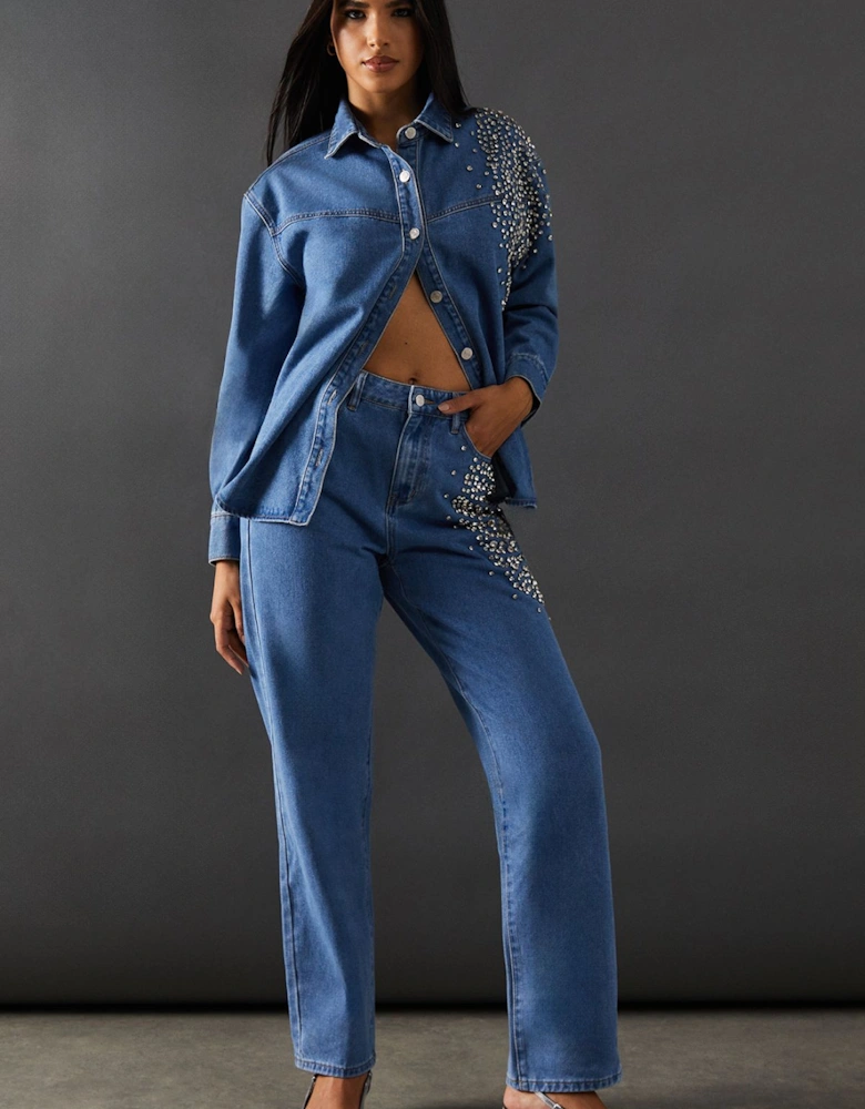 Premium Crystal Embellished Sequin Straight Leg Jeans