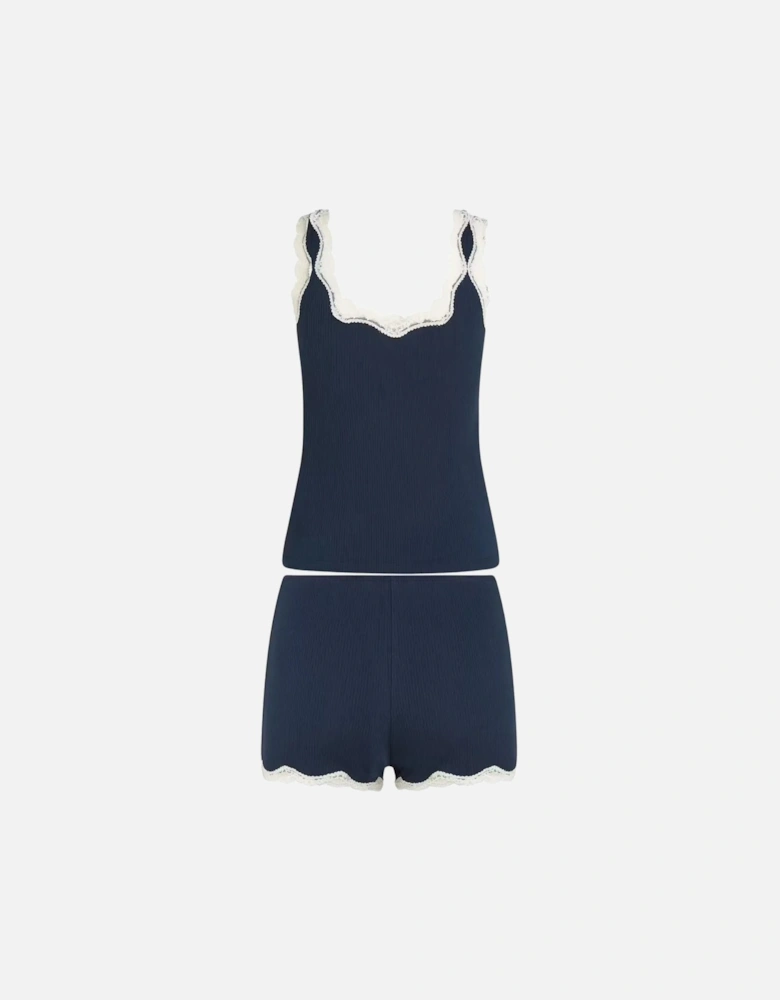 Women TH Lace Ribbed Camisole & Shorts Pyjama Set, Dark Night Navy