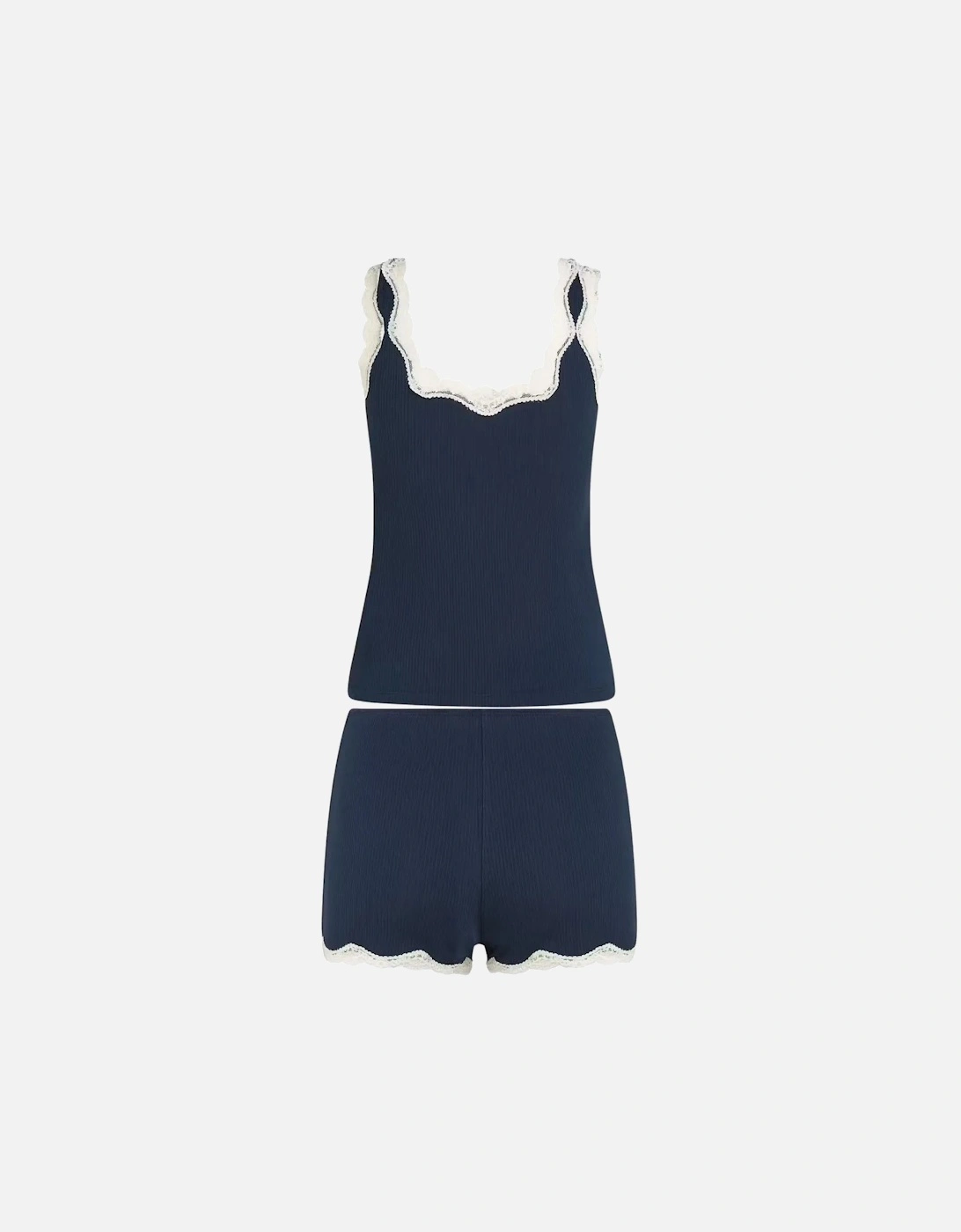 Women TH Lace Ribbed Camisole & Shorts Pyjama Set, Dark Night Navy