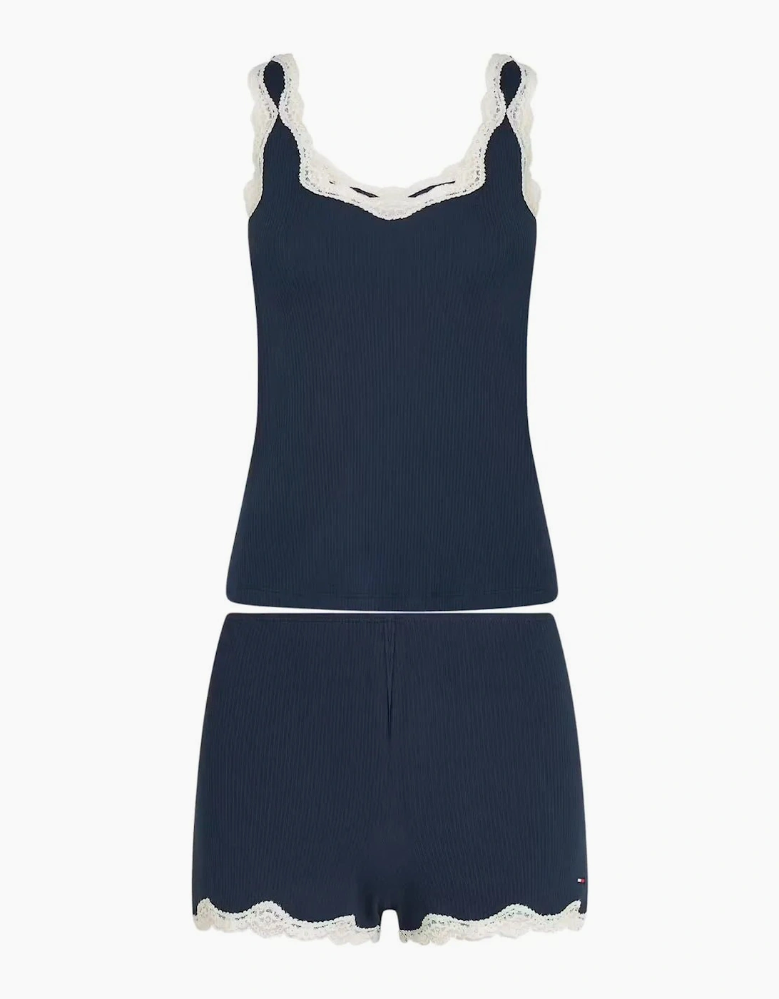 Tommy Hilfiger Women's Dark Th Lace Ribbed Camisole & Shorts Pyjama Set, Night Navy  8 Xs