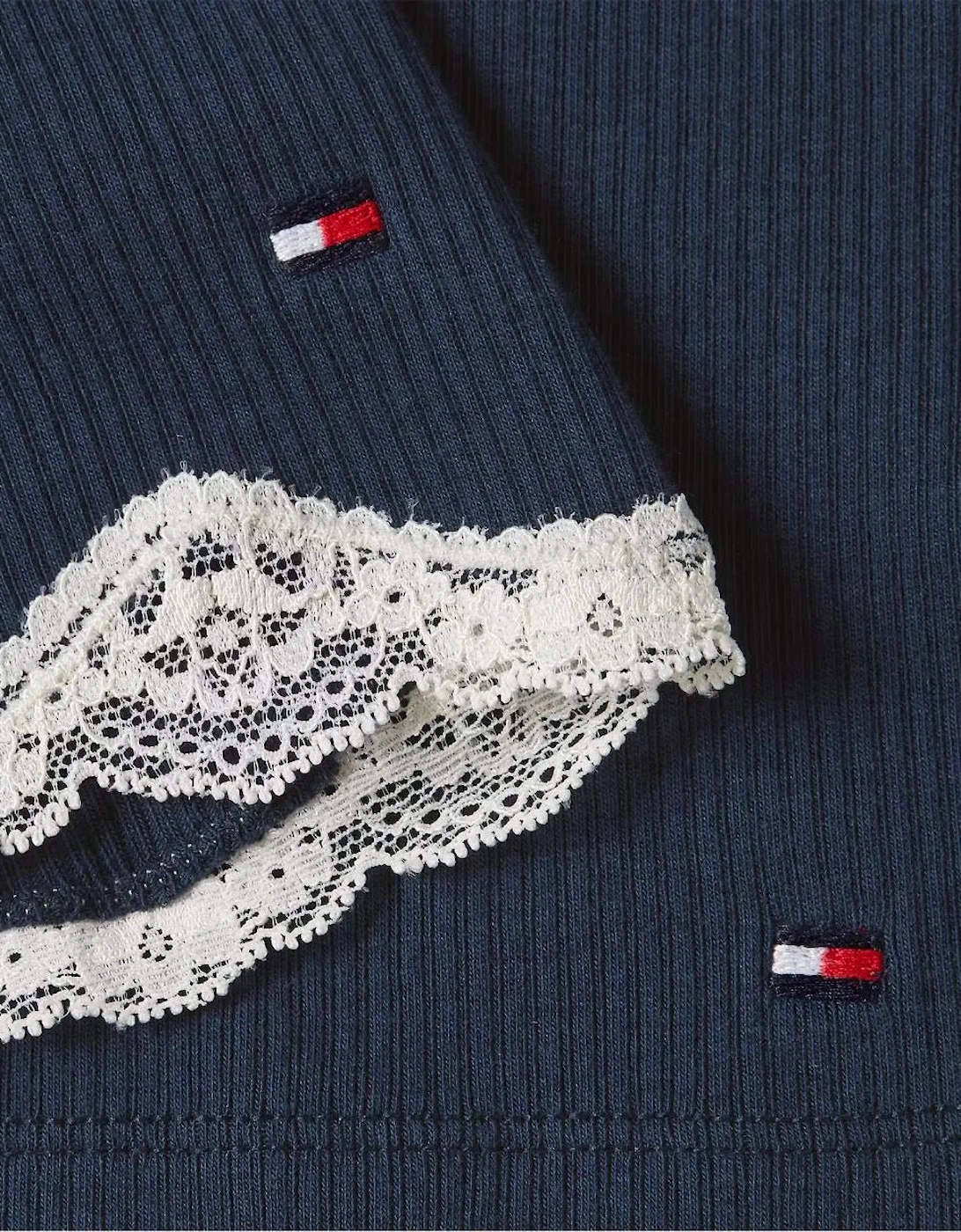 Women TH Lace Ribbed Camisole & Shorts Pyjama Set, Dark Night Navy