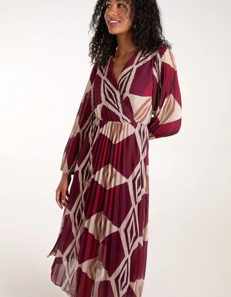 Wrap Front Pleated Geometric Maxi Dress