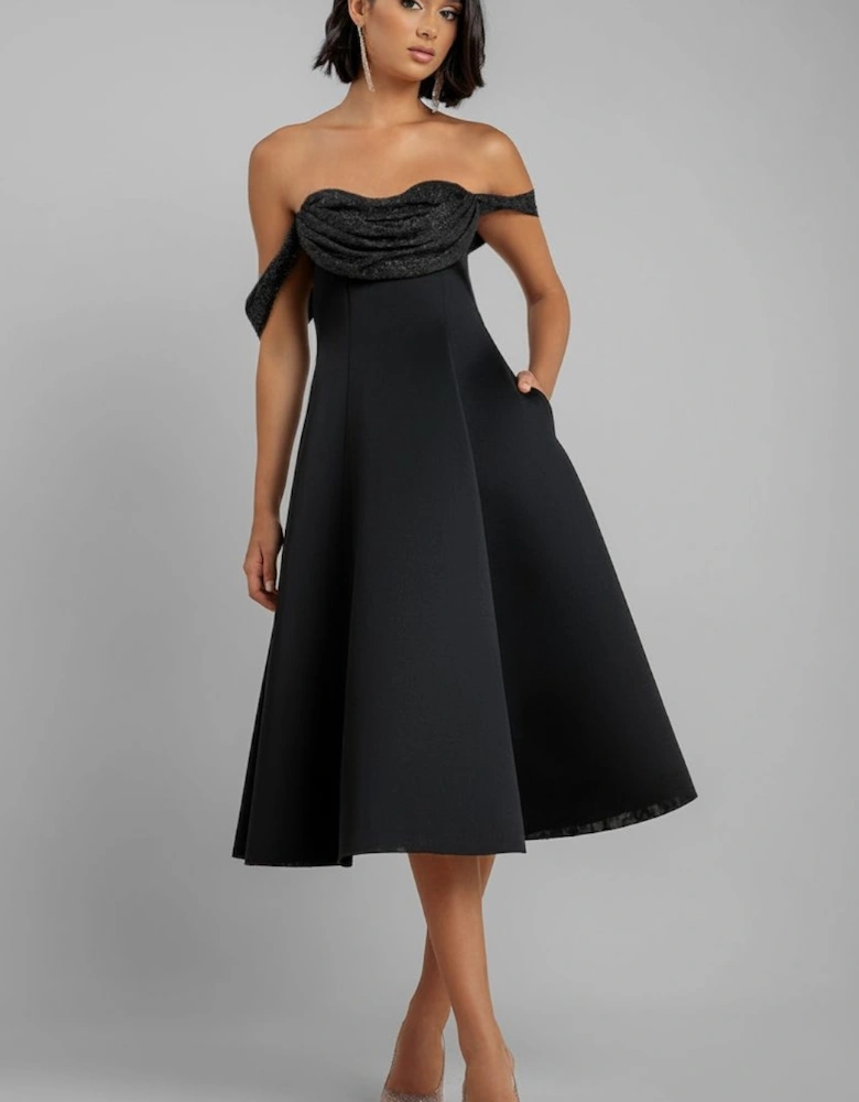 Sparkle Chiffon Cowl Bardot Skater Midi Dress