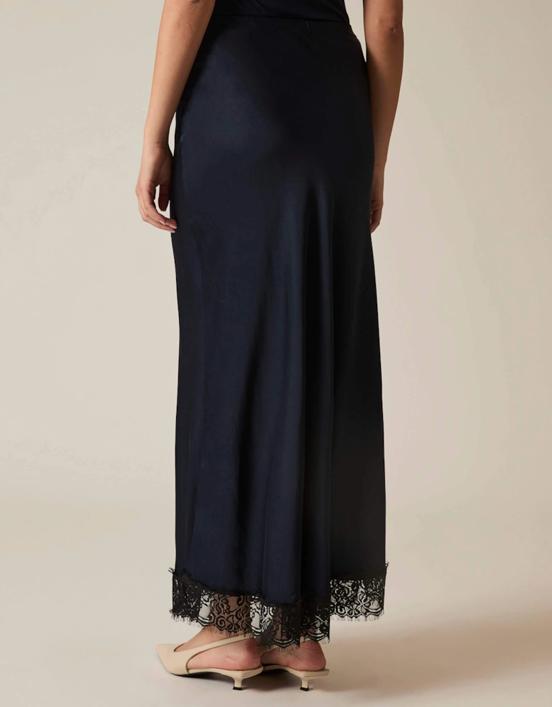Navy Satin Lace Maxi Skirt