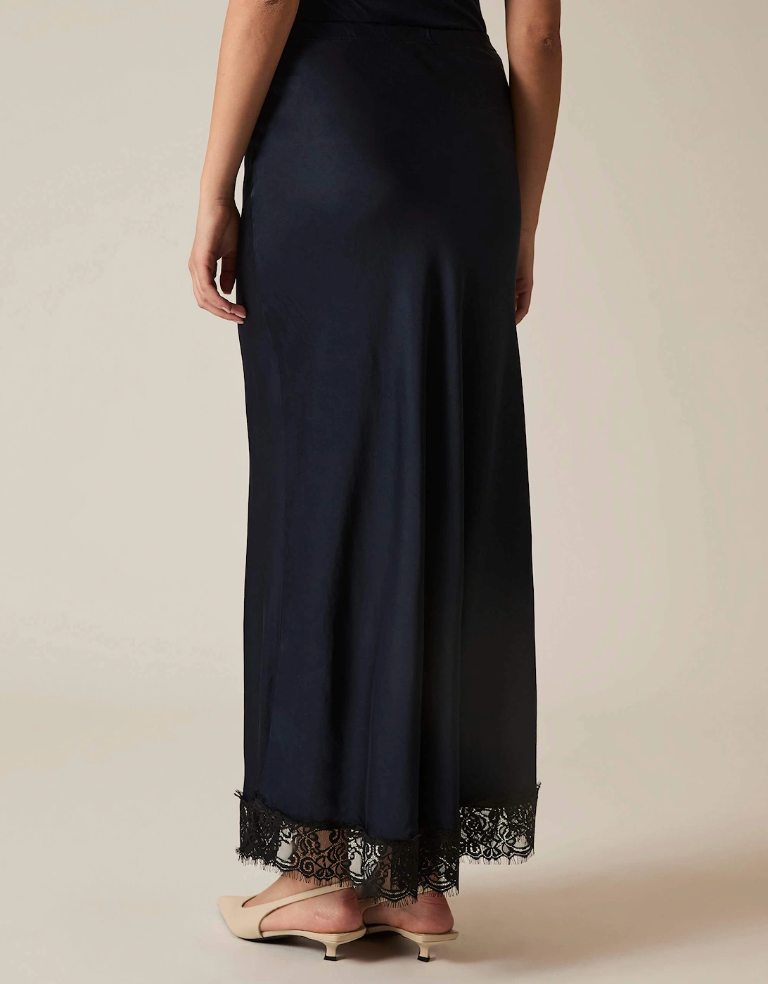 Navy Satin Lace Maxi Skirt