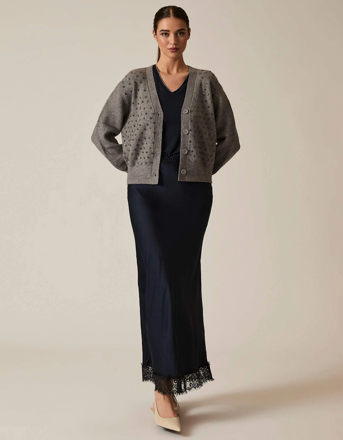 Navy Satin Lace Maxi Skirt