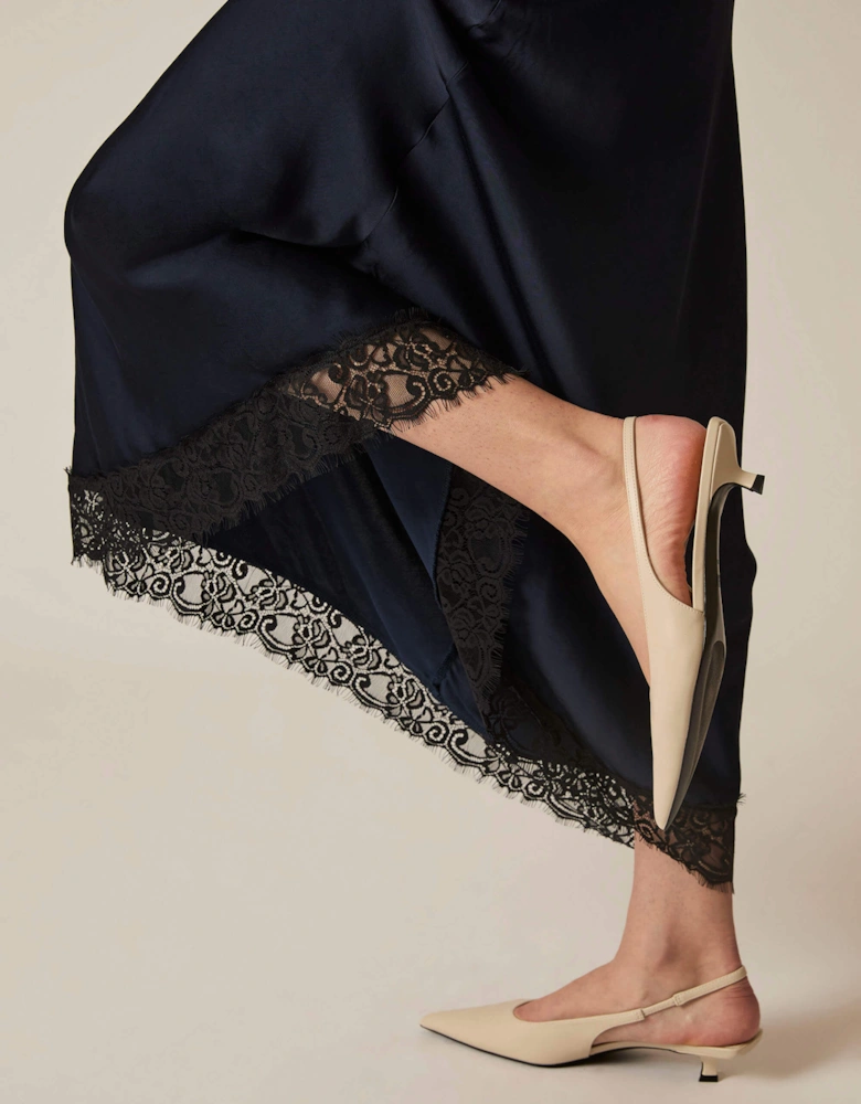Navy Satin Lace Maxi Skirt