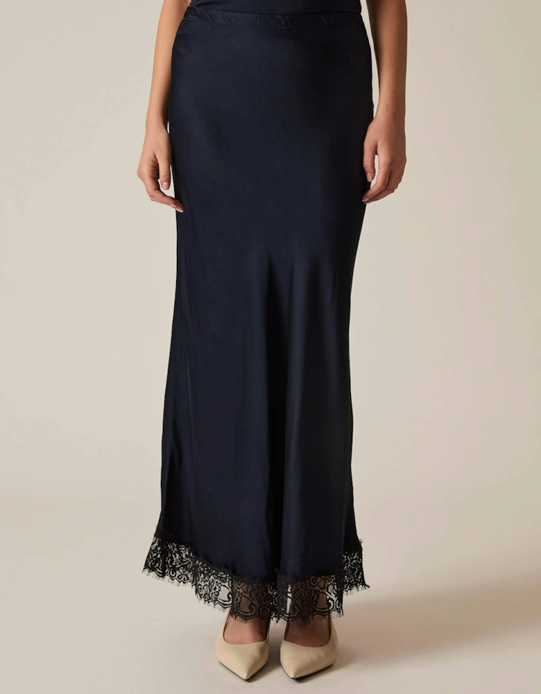 Navy Satin Lace Maxi Skirt