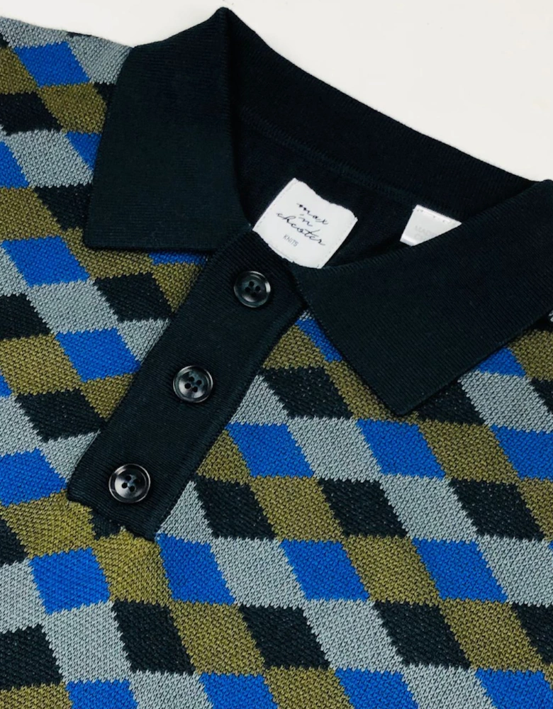 Max N Chester Navy/Deep Moss Small Diamond Knitted Polo Shirt