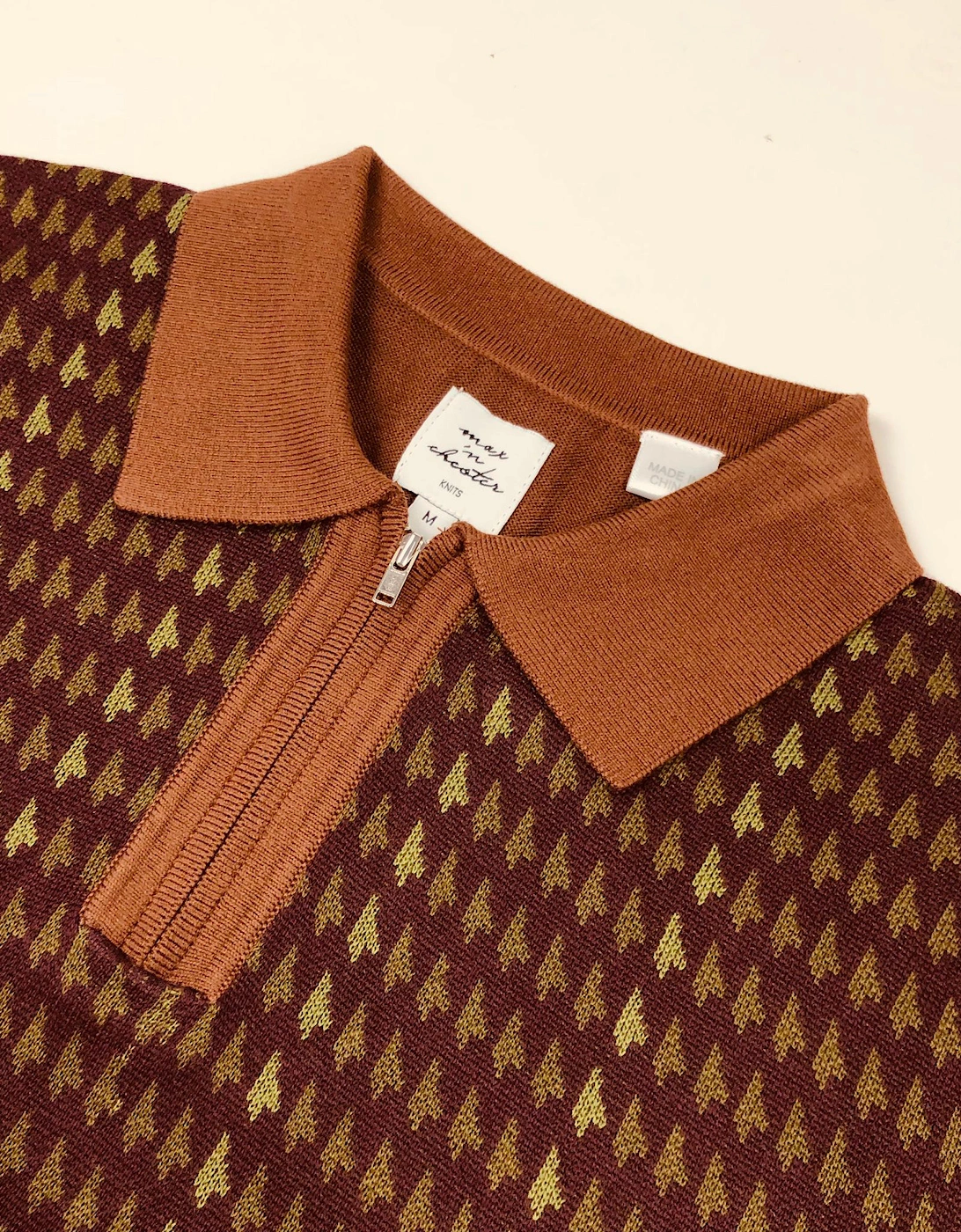 Max N Chester Brown/Deep Moss Zip Knitted Polo Shirt