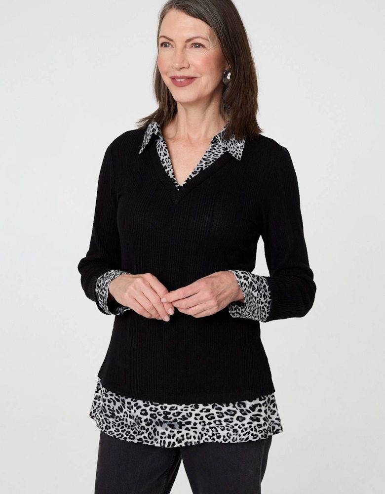 Animal Print Layered Shirt Jumper Top