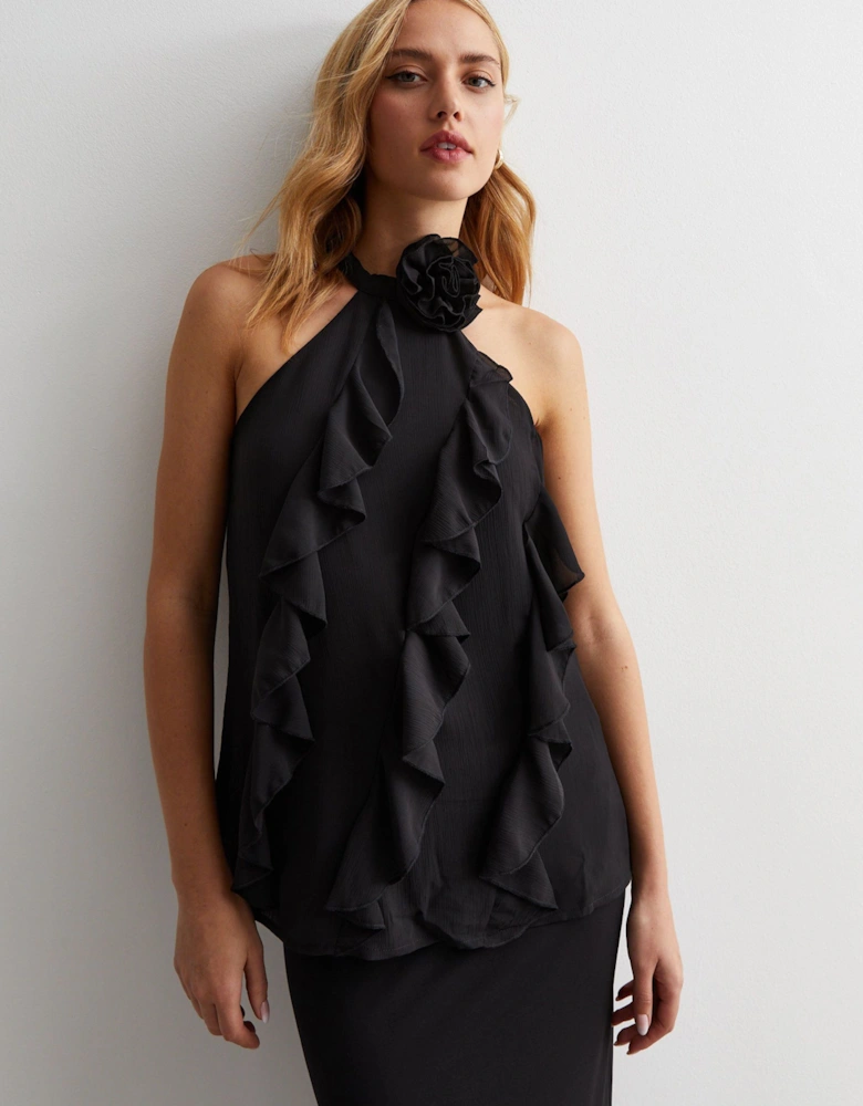 Black Ruffle Detail Halter Neck Top