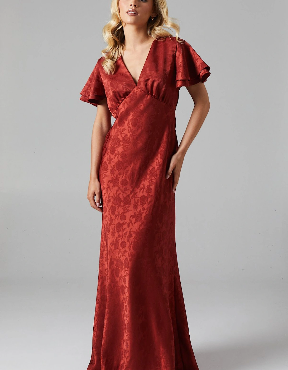 Petite V Neck Angel Sleeve Satin Jacquard Bridesmaid Dress, 2 of 1