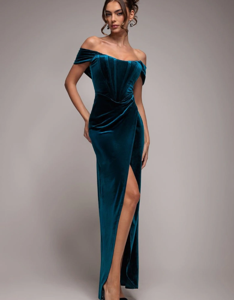 Draped Shoulder Velvet Corset Maxi Dress