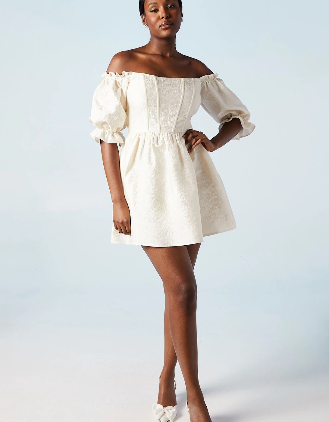 Off The Shoulder Puff Sleeve Jacquard Bridal Mini Dress, 2 of 1