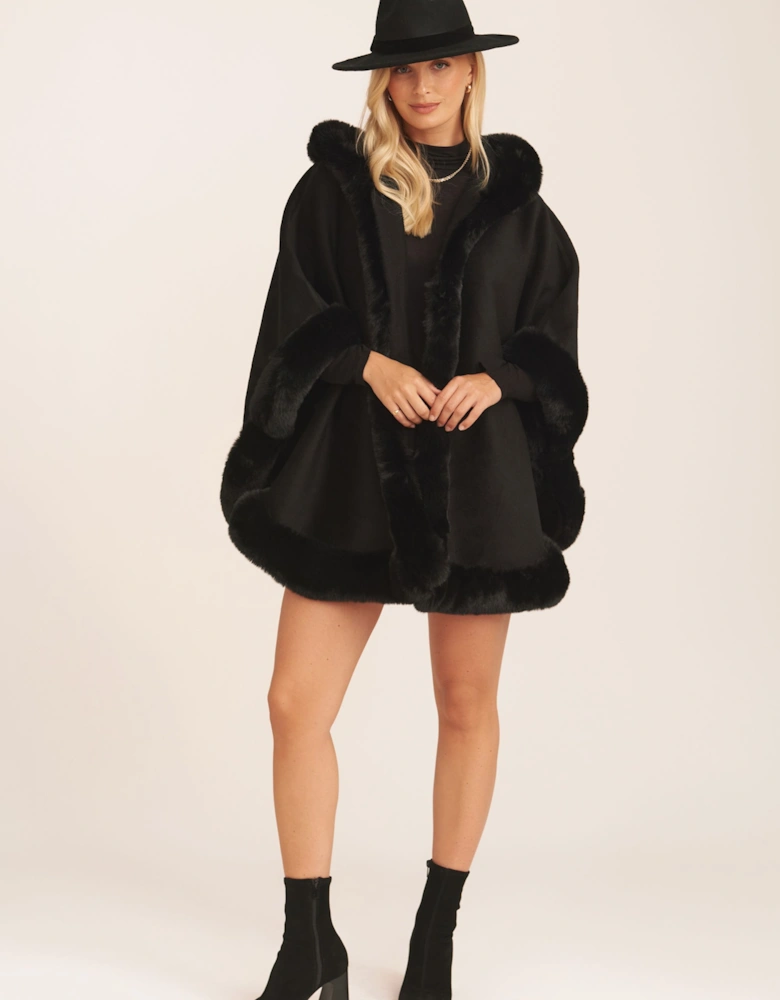 Black Soft Fur Trim Hooded Oversized Cape
