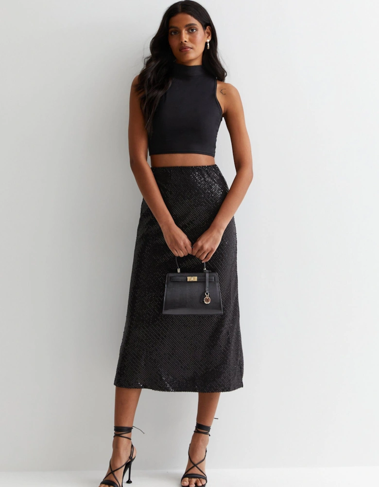 Black Sequin Bias Midi Skirt
