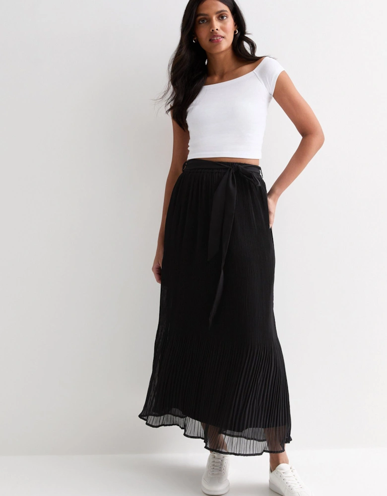 Black Pleated Belt Detail Midi Skirt