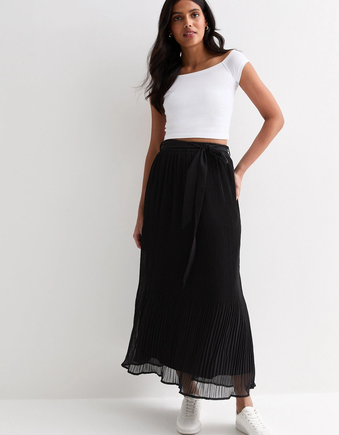 Black Pleated Belt Detail Midi Skirt, 2 of 1